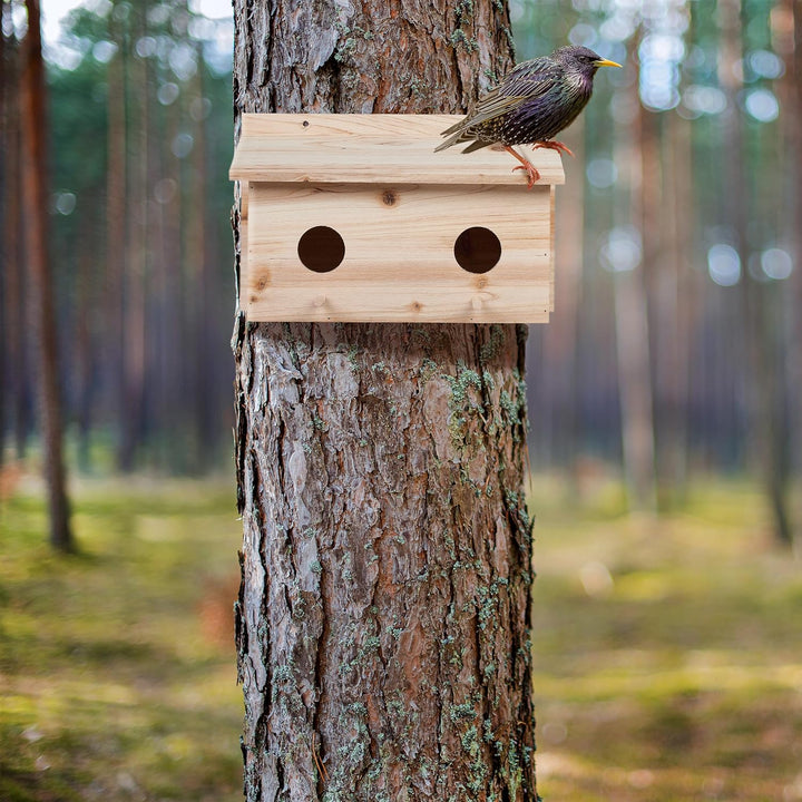 Relaxdays Nistkasten für Stare, natürliches Tannenholz, 2X Einflugloch 5 cm, Sitzstange, Vogelhaus z
