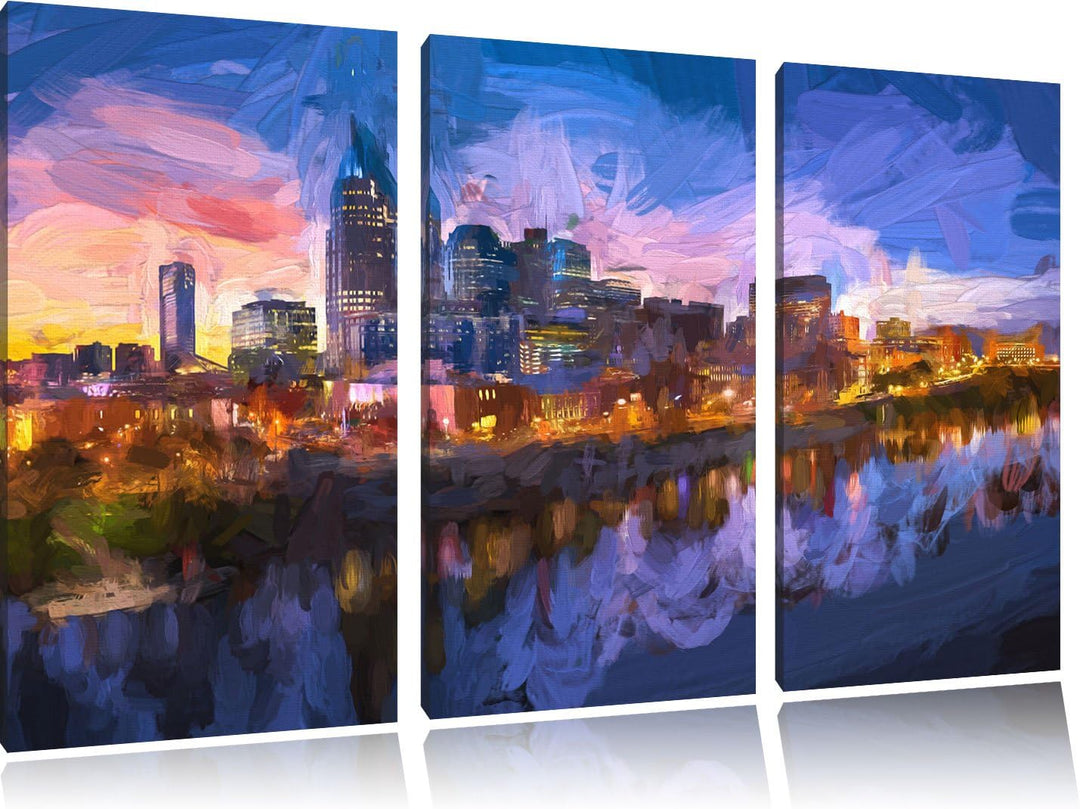 Pixxprint Nashville Skyline Panorama Kunst Pinsel Effekt 3-Teiler Leinwandbild 120x80 Bild auf Leinw
