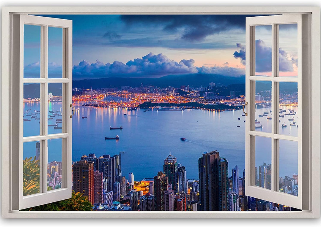 Feeby Bild auf Vlies Leinwand Fensteransicht 3D-Illusion 90x60 cm Kunstdruck Modern Wandbilder Deko