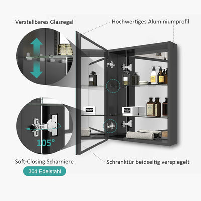 EMKE Spiegelschränke 50x65cm Spiegelschrank Badschrank mit Doppelseitiger Spiegel (Grau) Grau 50 x 6