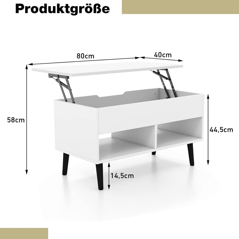 COSTWAY Couchtisch höhenverstellbar, Sofatisch mit anhebbarer Tischplatte & 2 offenen Regalen, auszi