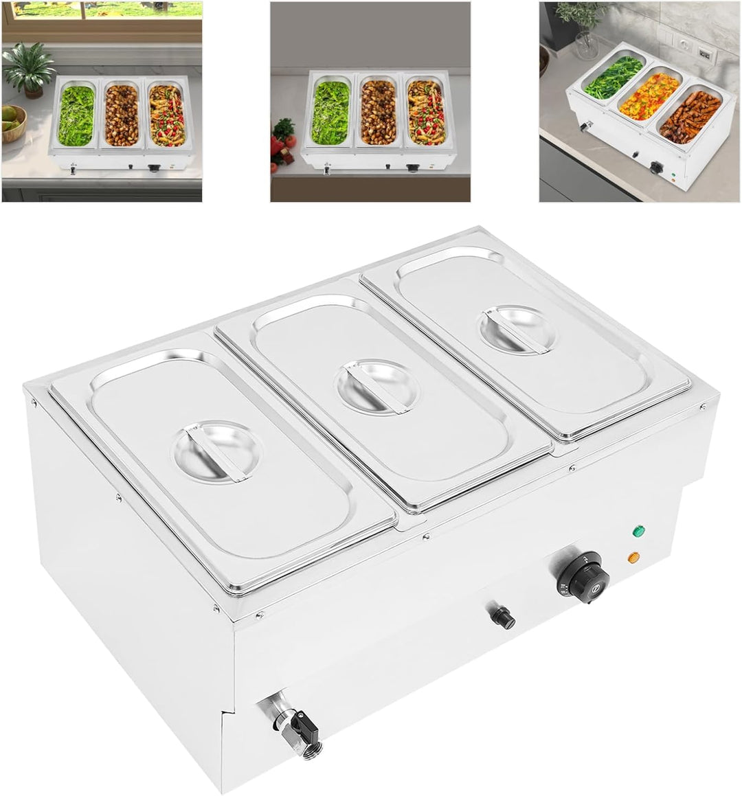 Buffetwärmer,Bain Marie Speisenwärmer mit 3 Behältern,1500W Profi Wasserbad Warmhaltebehälter mit Ab