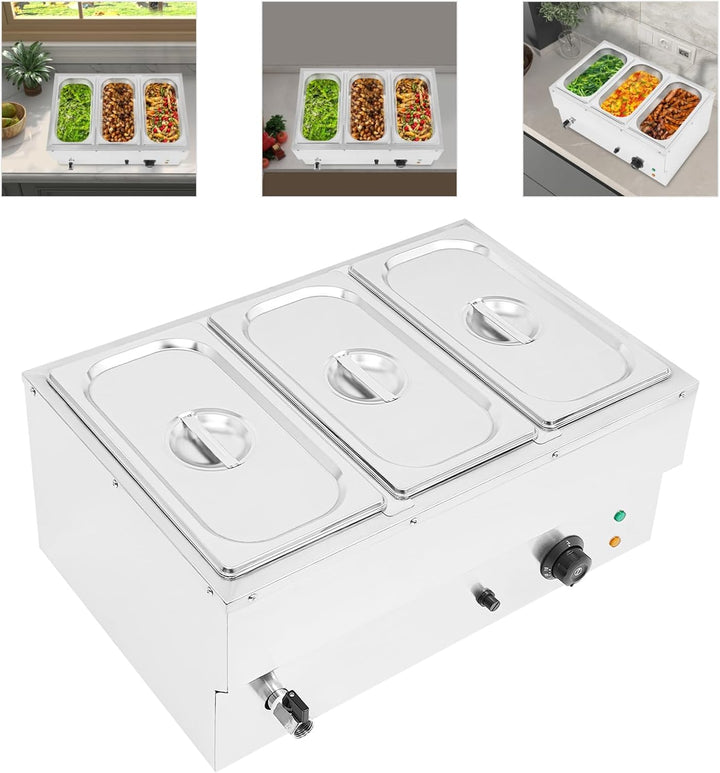Buffetwärmer,Bain Marie Speisenwärmer mit 3 Behältern,1500W Profi Wasserbad Warmhaltebehälter mit Ab
