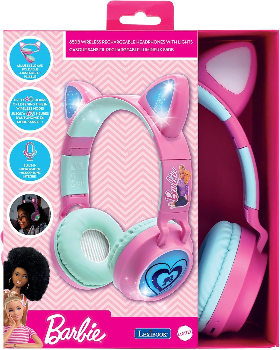 Lexibook - Mattel Barbie - 2-in-1 kabellose, wiederaufladbare Kopfhörer mit Lichtern, Stereoklang, B
