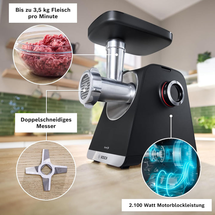 Bosch MultiPower Serie 6 Fleischwolf MFWS660B, 3 Lochscheiben (3, 4,5 und 8 mm), Edelstahl, spülmasc