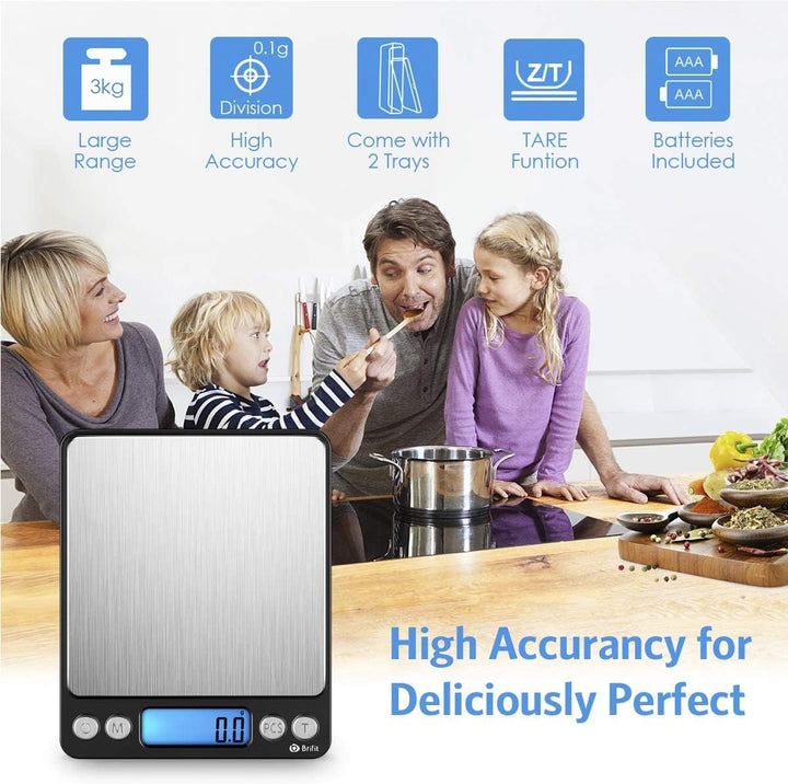 AMIR Digitale Küchenwaage 3kg, Electronische Waage, Hohe Präzision auf bis zu 0,1g, Briefwaage mit T