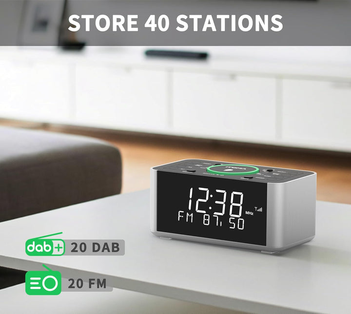 Wireless Charging Wecker mit DAB, DAB+/FM Radio, 40 Preset Stationen, Dual Alarms, Snooze, Dimmbare