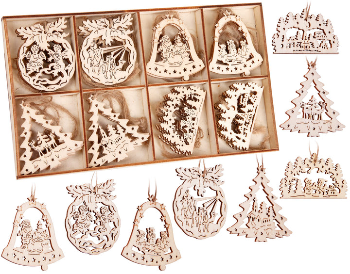 BRUBAKER 24-TLG. Weihnachtsanhänger Set - Baumschmuck aus Holz ca. 6 cm - Engel Glocken Tannenbaum -