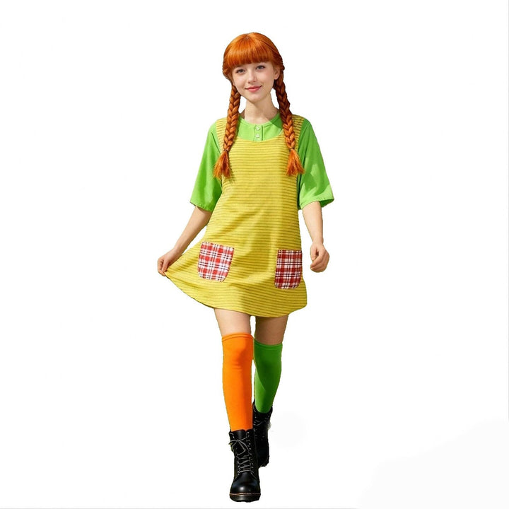 Fasching Kostüm Kinder Mädchen, Langstrumpf Cosplay Kostümset mit Langen Kindersocken S #Z-damen 01,