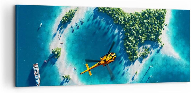 ARTTOR Bilder auf Leinwand 100x40cm Leinwandbild Hubschrauber Ozean Insel Paradies Gross Wanddeko Bi