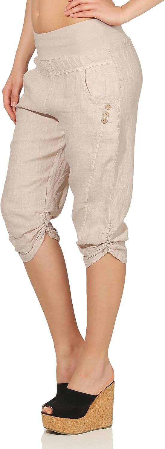 Malito Damen Hose aus Leinen | Stoffhose in Uni Farben | Freizeithose mit Knöpfen | Chino - Capri -