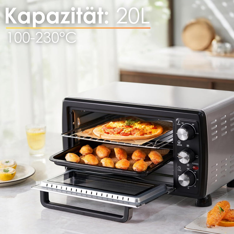 Mini Backofen 20 Liter | Pizza-Ofen | Minibackofen | 3in1 Backofen mit Umluft | herausnehmbares Krüm