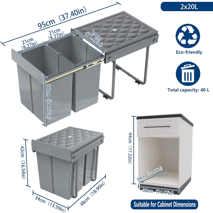 Grau 2 x 20L Einbaumülleimer Mülltrennsystem Ausziehbar Mehrfachbehälter Abfallsammler Schrankmüllei