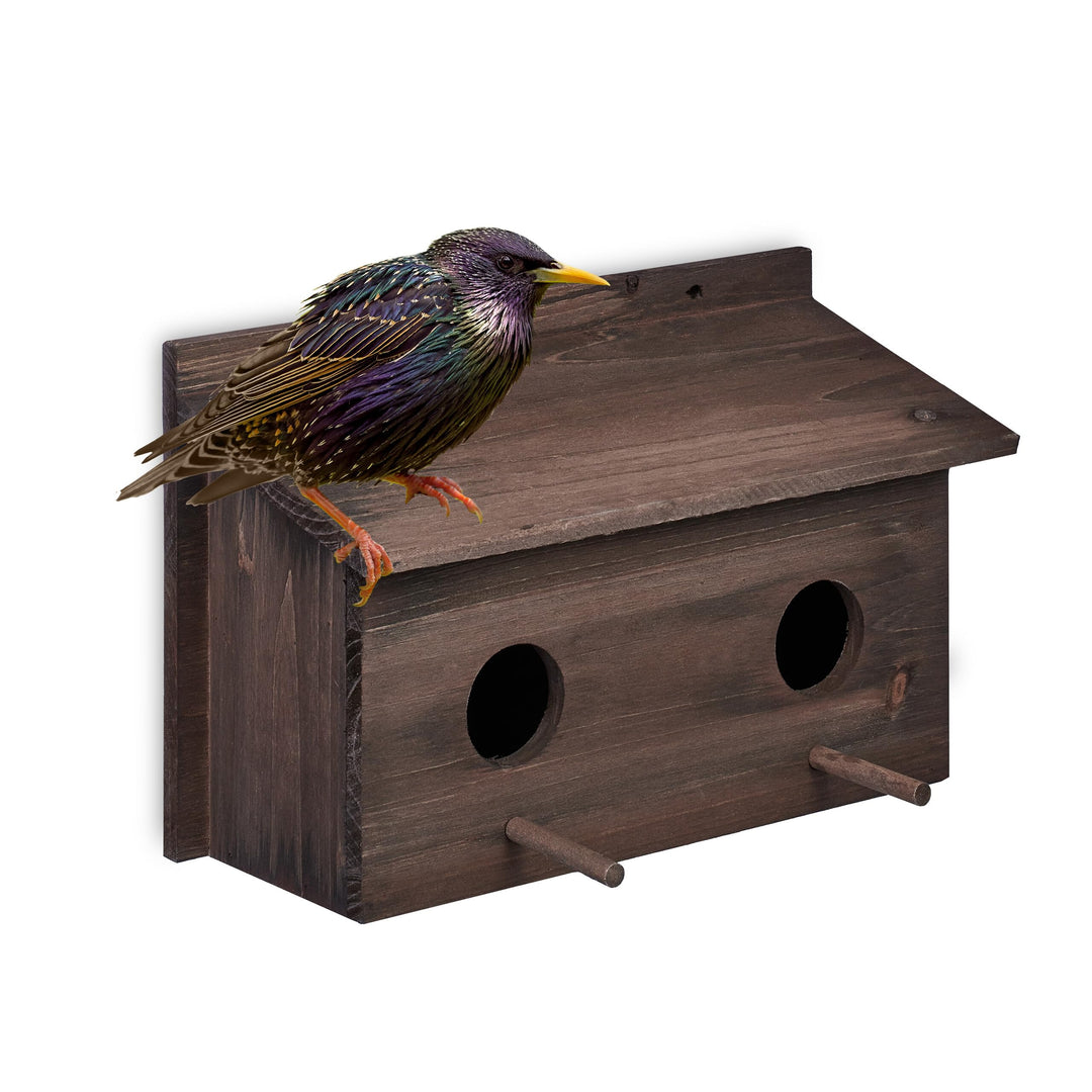 Relaxdays Nistkasten für Stare, natürliches Tannenholz, 2X Einflugloch 5 cm, Sitzstange, Vogelhaus z