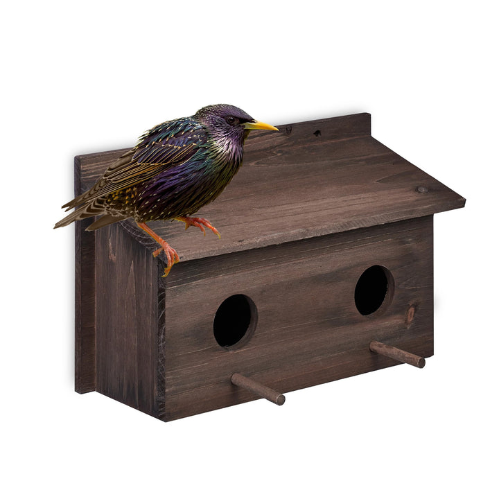 Relaxdays Nistkasten für Stare, natürliches Tannenholz, 2X Einflugloch 5 cm, Sitzstange, Vogelhaus z
