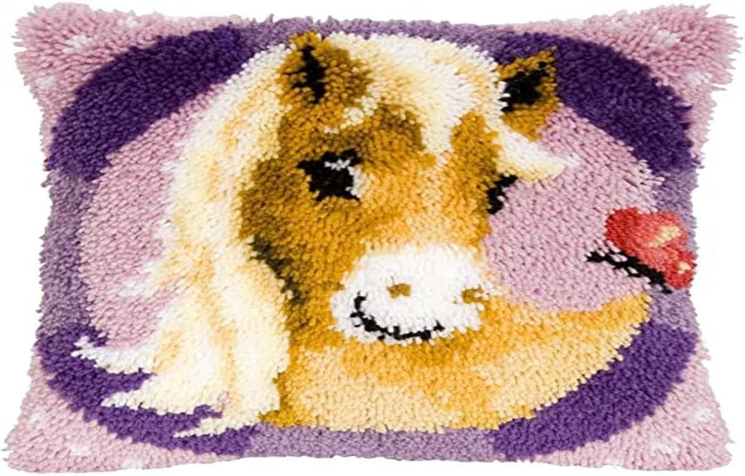 Vervaco süsses Pony Knüpfkissen mit Knüpfhaken, Baumwolle, Mehrfarbig, 40 x 40 x 1 cm