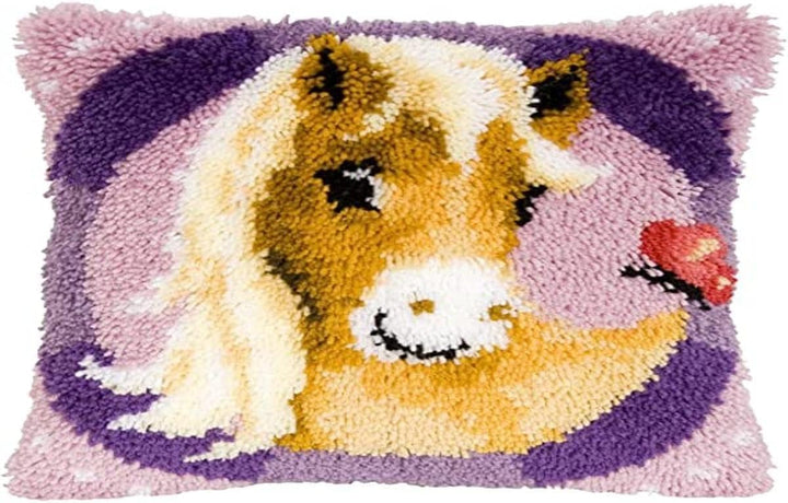 Vervaco süsses Pony Knüpfkissen mit Knüpfhaken, Baumwolle, Mehrfarbig, 40 x 40 x 1 cm