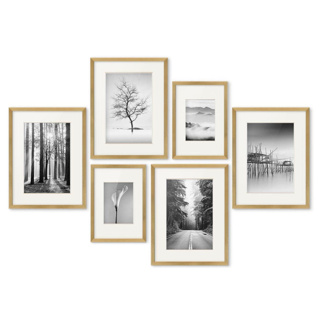 PHOTOLINI goldene Bilderrahmen Set verschiedene Grössen, 6 MDF Holz Bilderrahmen mit Passepartout, B