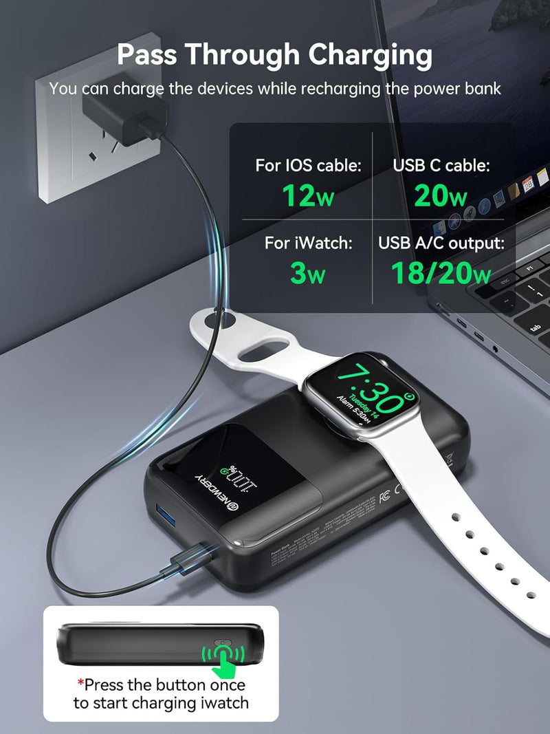 NEWDERY Powerbank für Apple Watch & iPhone Ladegerät 20000mAh Drahtloses Ladestation Power Bank, Sch