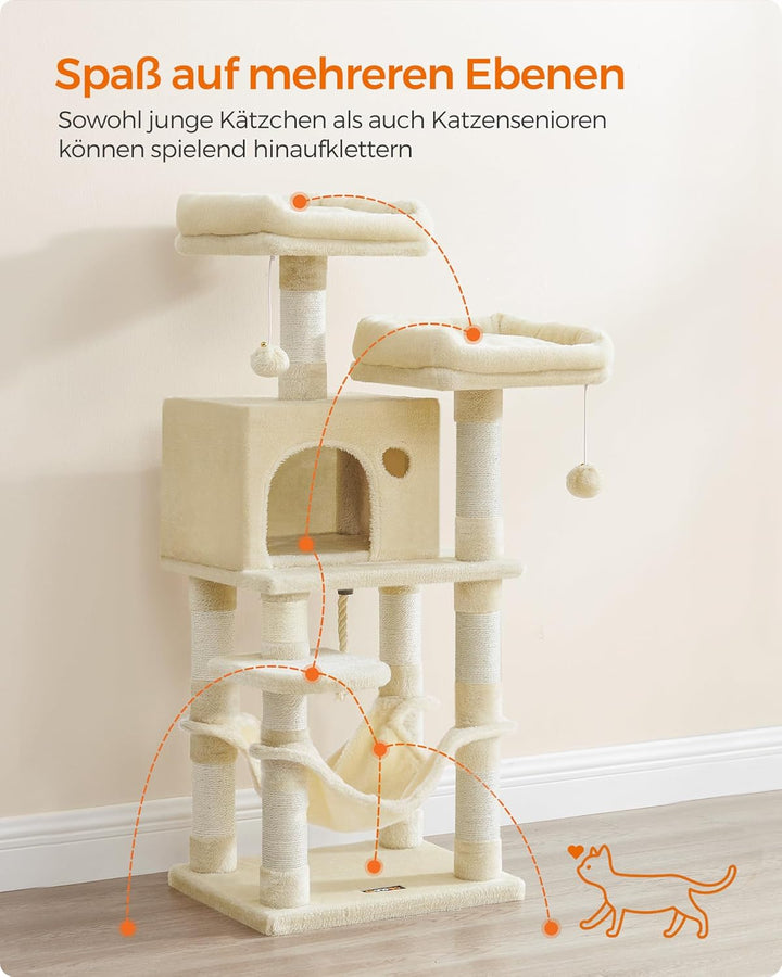 Feandrea Kratzbaum, 112 cm hoch, Katzenbaum mit 11 Kratzsäulen, 2 Plattformen, 1 Katzenhöhle, 1 Häng