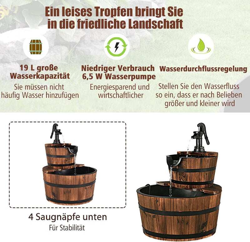 RELAX4LIFE Gartenbrunnen aus Tannenholz, Ø 44,5 cm Holzbrunnen mit Wasserpumpe, Zweistöckiger Spring