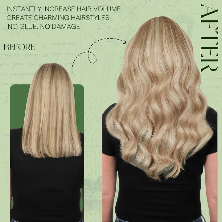 RUNATURE Clip Echthaar Extensions Aschblond mit Platinblond Echthaar Clip in Extensions Blond Echtha