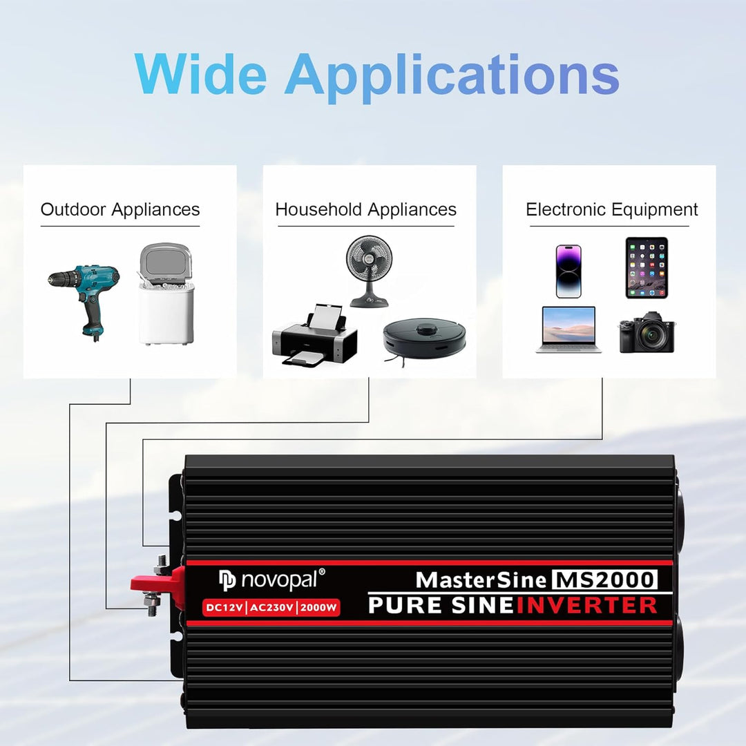 NOVOPAL 2000W KFZ Reiner Sinus Spannungswandler-Auto Wechselrichter 12v auf 230v Umwandler-Inverter
