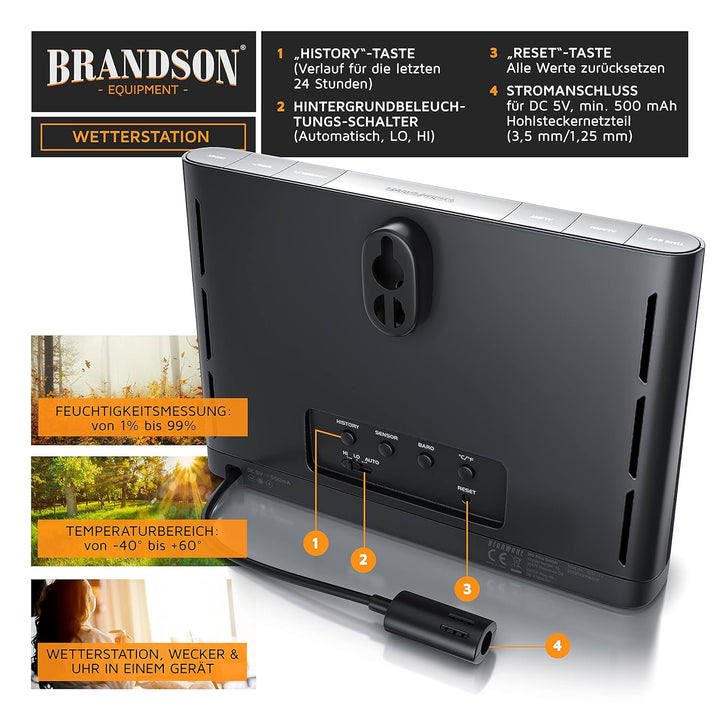 Brandson Funk Wetterstation mit Farbdisplay - mit Aussensensor - DCF Empfangssignal Funkuhr - Innen-