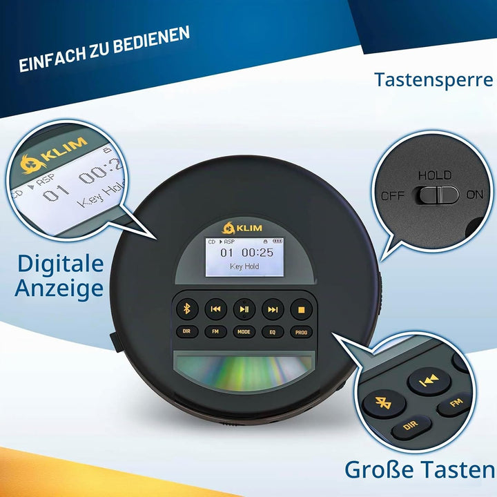 KLIM Nomad CD Player Bluetooth - Tragbarer CD-Player Discman mit langlebigem Akku - Inklusive Kopfhö