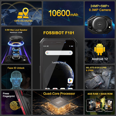 FOSSiBOT F101 2023 Outdoor Smartphone Ohne Vertrag,10600mAh Akku 123dB Lautsprecher Outdoor Handy,7G