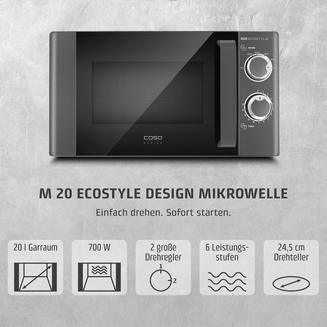 CASO | M20 Ecostyle Mikrowelle | einfache Bedienung, 20 L Garraum, 700 Watt Leistung, Drehteller Ø 2