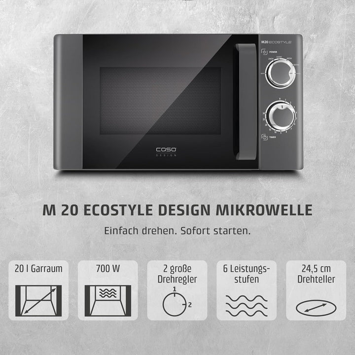 CASO | M20 Ecostyle Mikrowelle | einfache Bedienung, 20 L Garraum, 700 Watt Leistung, Drehteller Ø 2