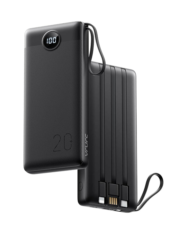 VRURC Powerbank 20000mAh mit integriertes Ladekabel 20W PD QC 3.0 Schnelles Aufladen Tragbares Ladeg