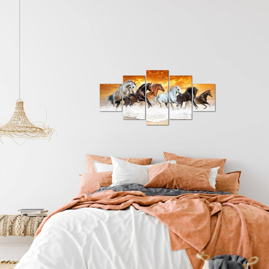 Runa Art Wandbilder Pferde 5 Teilig Bild auf Vlies Leinwand Deko Wohnzimmer Schlafzimmer Tiere Orang