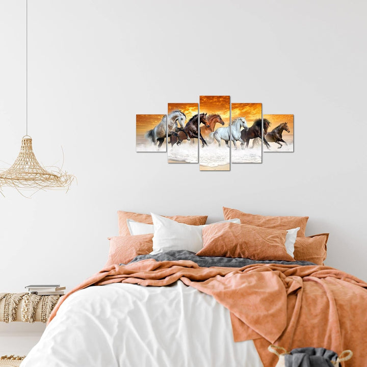Runa Art Wandbilder Pferde 5 Teilig Bild auf Vlies Leinwand Deko Wohnzimmer Schlafzimmer Tiere Orang