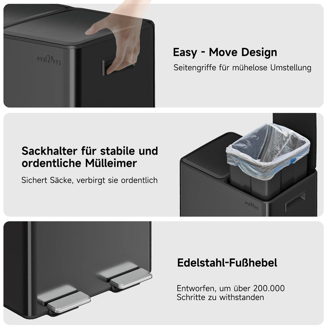 mVm Mülleimer Küche,60 Liter Treteimer,2 x 30 Liter Treteimer, 2 Fächer, Mülltrennsystem, Abfalleime