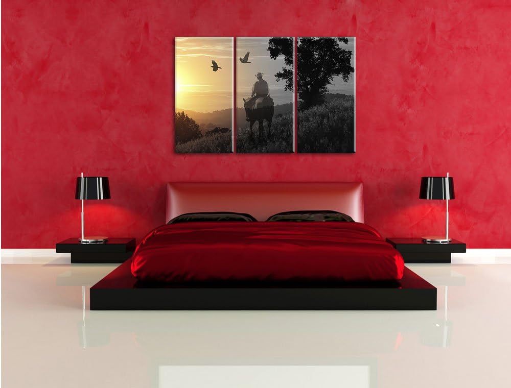 Pixxprint EIN Cowboy im Sonnenuntergang als Leinwandbild | Grösse: 3 Teilig (120x80) | Wandbild| Kun