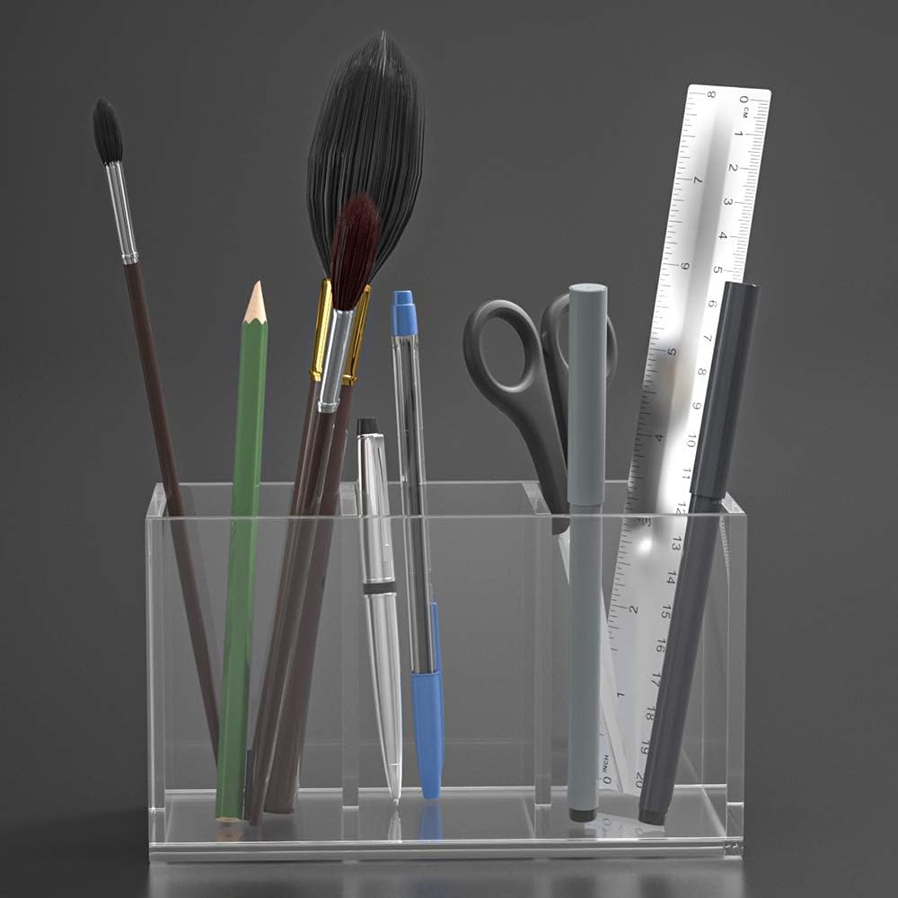 NIUBEE Stiftehalter aus Acryl, 3 Fächer, transparenter Stiftehalter für Arbeitsplatte, Schreibtisch,