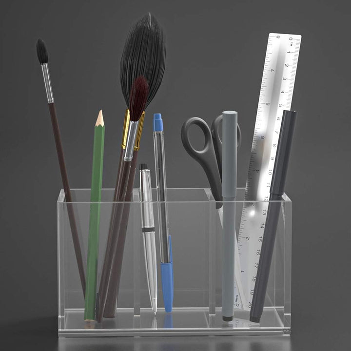 NIUBEE Stiftehalter aus Acryl, 3 Fächer, transparenter Stiftehalter für Arbeitsplatte, Schreibtisch,