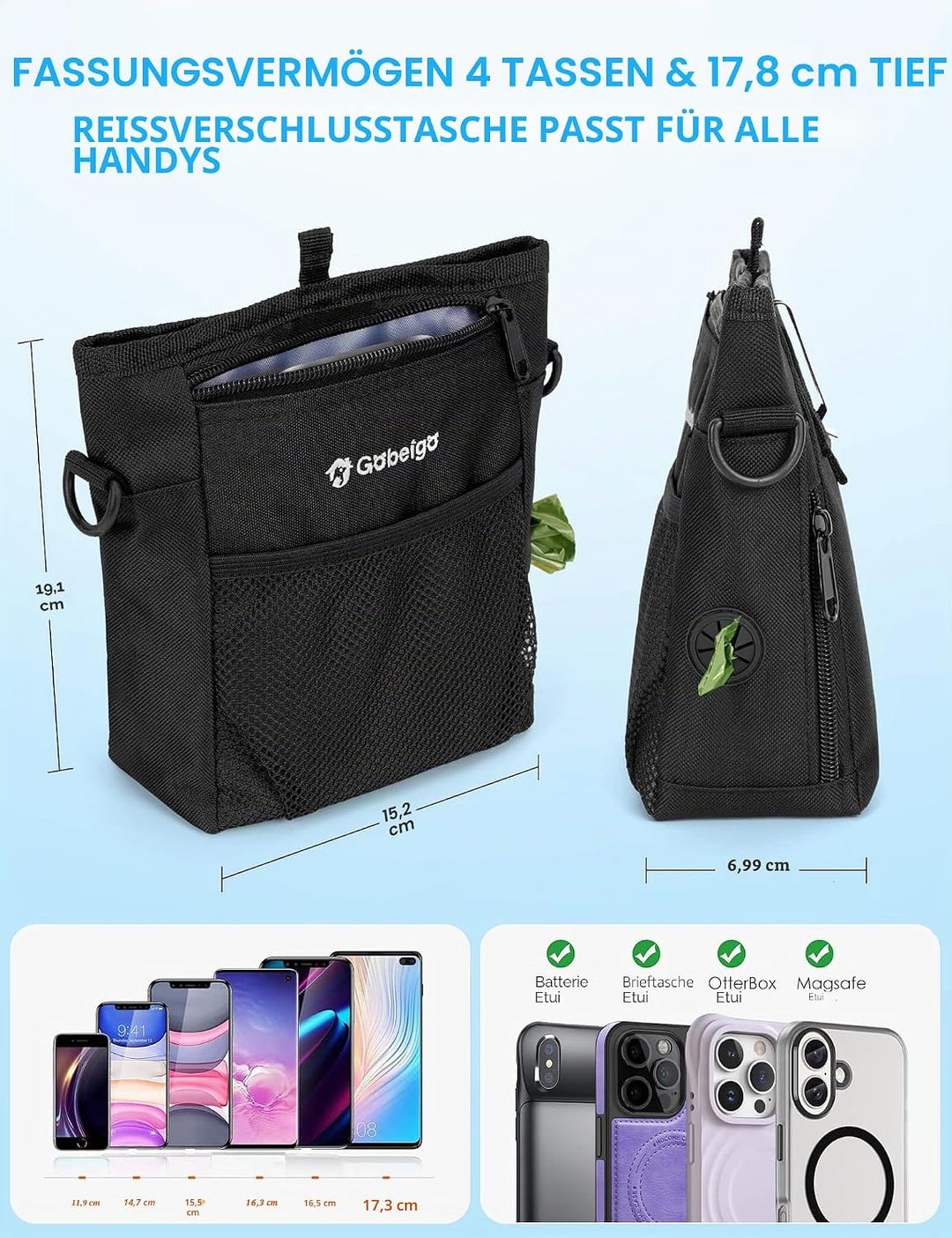 Gobeigo Hundeleckerli Tasche mit Silikon Snack Beutel, Fronttasche für alle Handys, 4 Tassen Leckerl