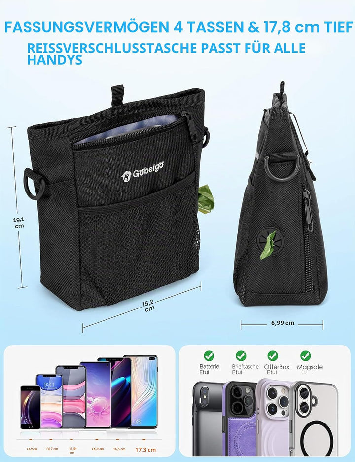 Gobeigo Hundeleckerli Tasche mit Silikon Snack Beutel, Fronttasche für alle Handys, 4 Tassen Leckerl