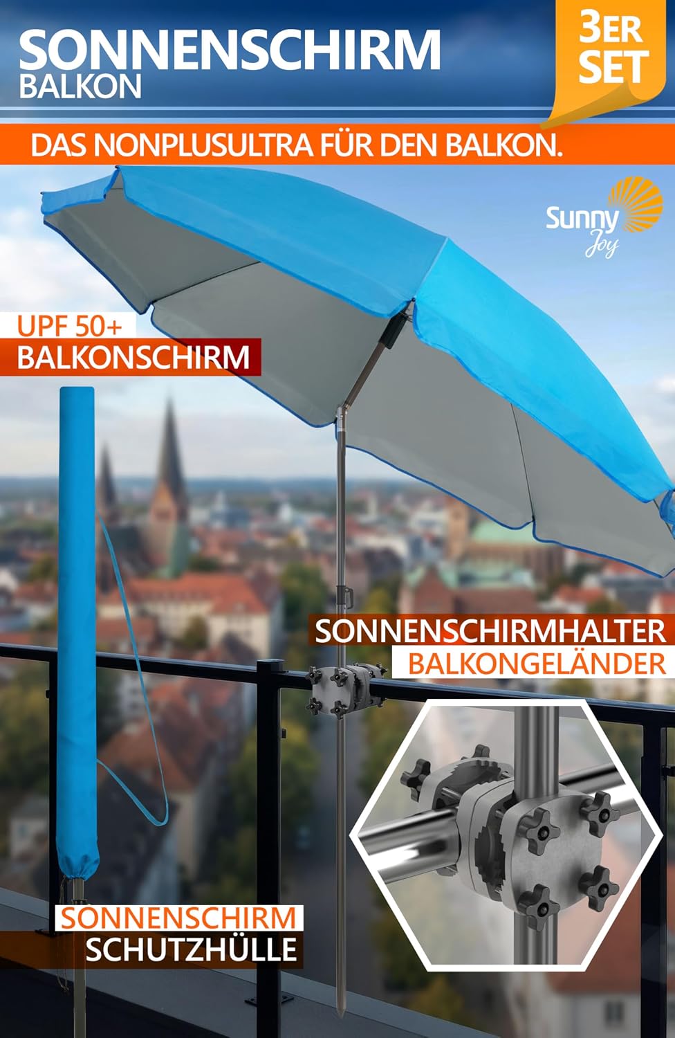 4smile Sonnenschirm Balkon SunnyJoy, 3-in-1 SET, Blau - UPF 50+ Sonnenschirm Ø 200 cm + SunnyGuy Son