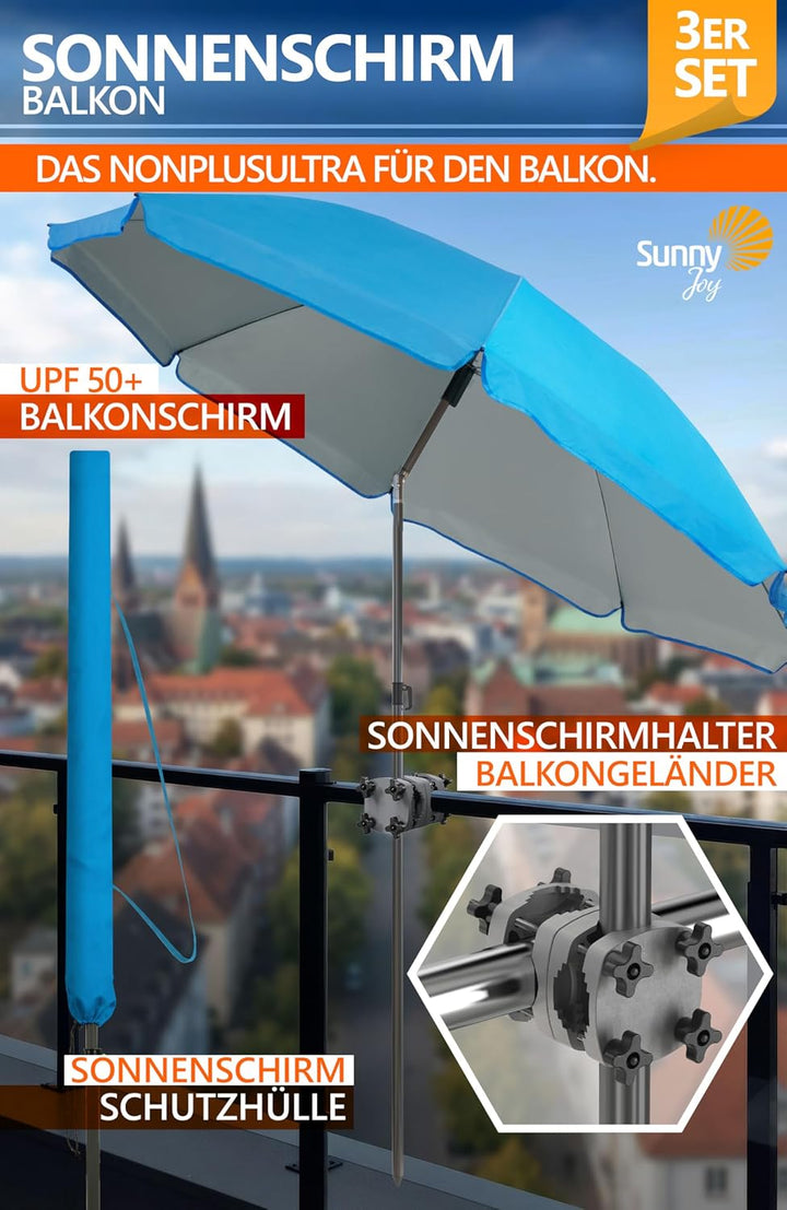4smile Sonnenschirm Balkon SunnyJoy, 3-in-1 SET, Blau - UPF 50+ Sonnenschirm Ø 200 cm + SunnyGuy Son