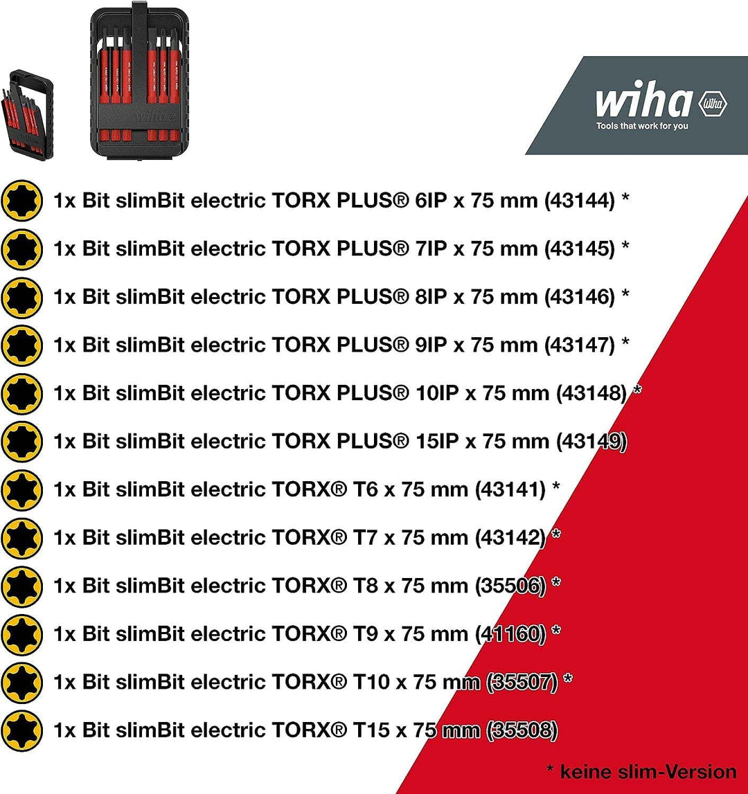 Wiha Bit Set slimBit electric TORX®, TORX PLUS® 12-tlg. I inkl. slimBit-Boxen und Gürtelhalter I fle