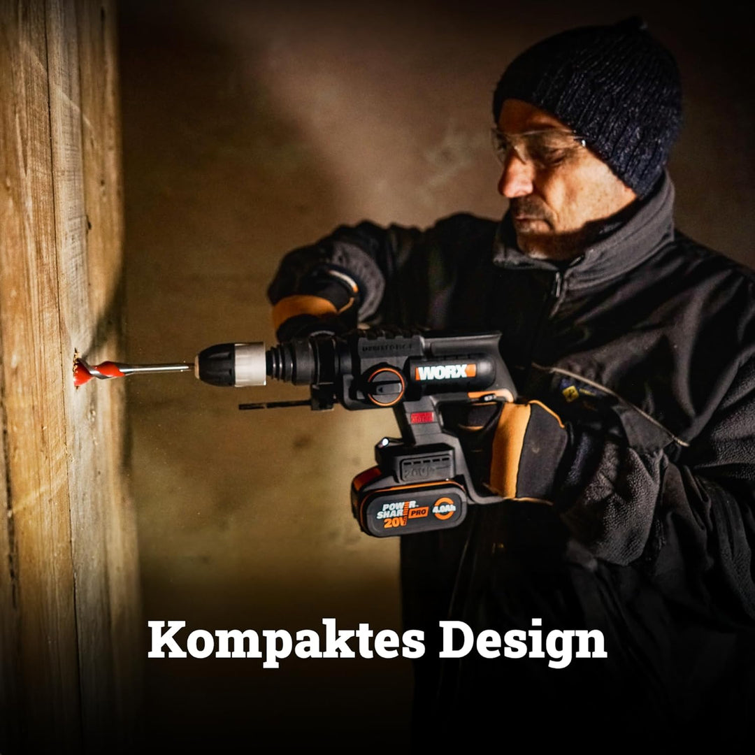 WORX NITRO WX381 Akku Bohrhammer 20V- bürstenloser Motor - multifunktionales Werkzeug zum Bohren, Ha
