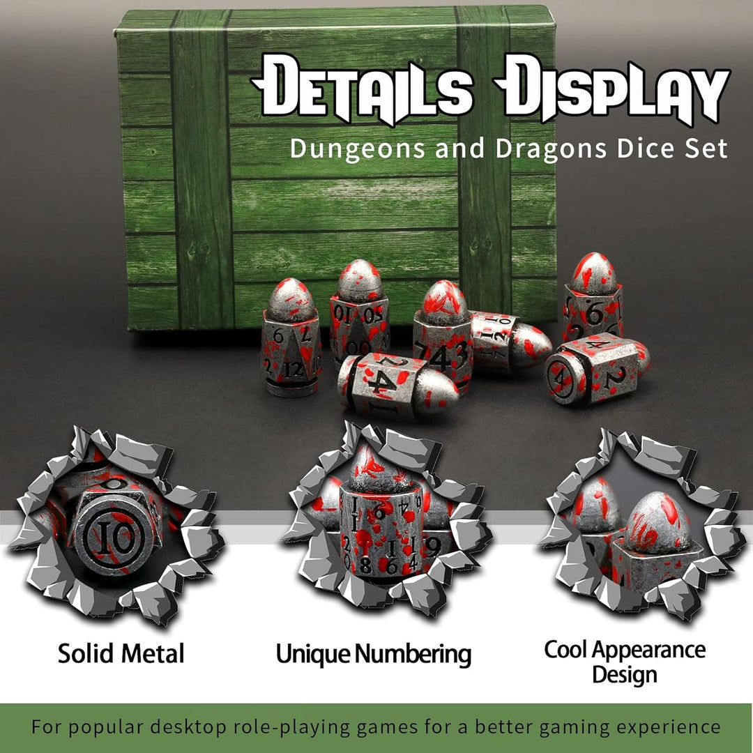 DND Würfelset Dungeons and Dragons Würfel, ZHOORQI Bullet Metall Würfel Set, Polyedrische Würfel Set