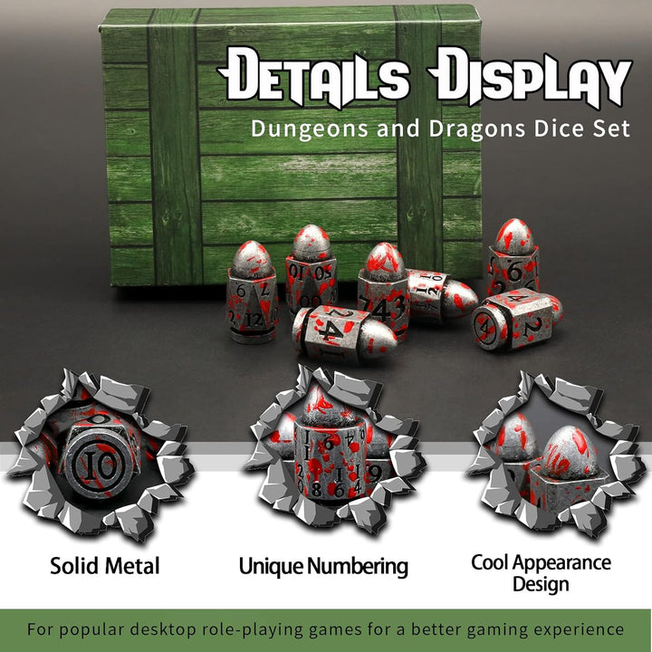 DND Würfelset Dungeons and Dragons Würfel, ZHOORQI Bullet Metall Würfel Set, Polyedrische Würfel Set