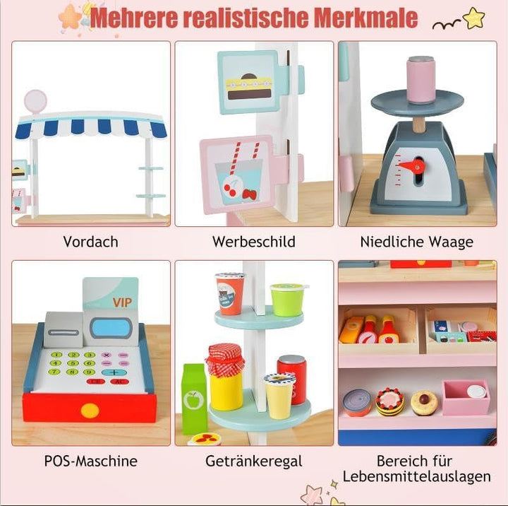 COSTWAY Kaufladen Kinder, Kaufmannsladen Holz mit 2 Ablagen, Schiebegriff &amp; Zubehör, Einkaufsladen a