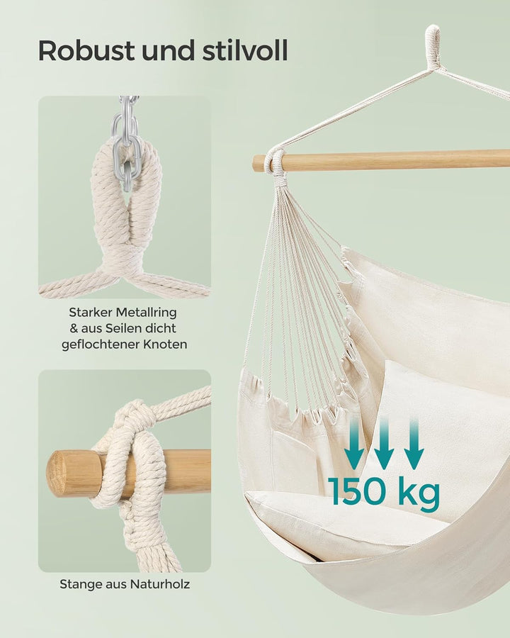 SONGMICS Hängesessel, Hängeschaukel, Hängestuhl mit 2 Kissen, Metallkette, bis 150 kg belastbar, Ind