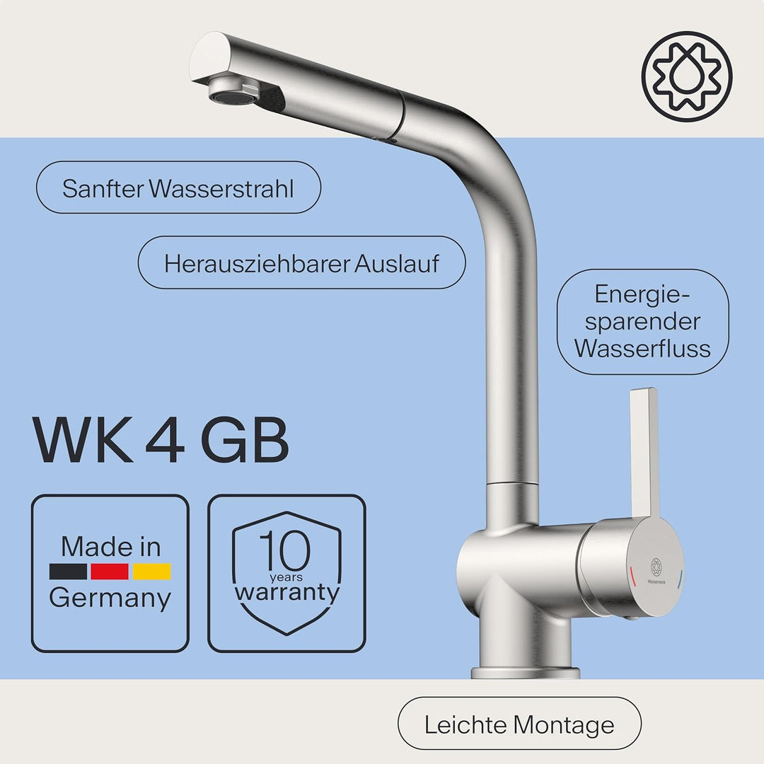 Küchenarmatur WK4 | Wasserhahn Küche | Spültischarmatur mit Ausziehauslauf | Ausziehbare Geschirrbra